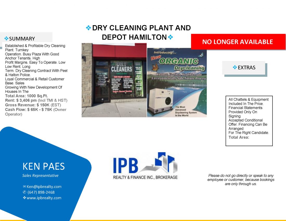 Organic Dry Cleaning Plant & Depot Hamilton 185,000 Ken Paes