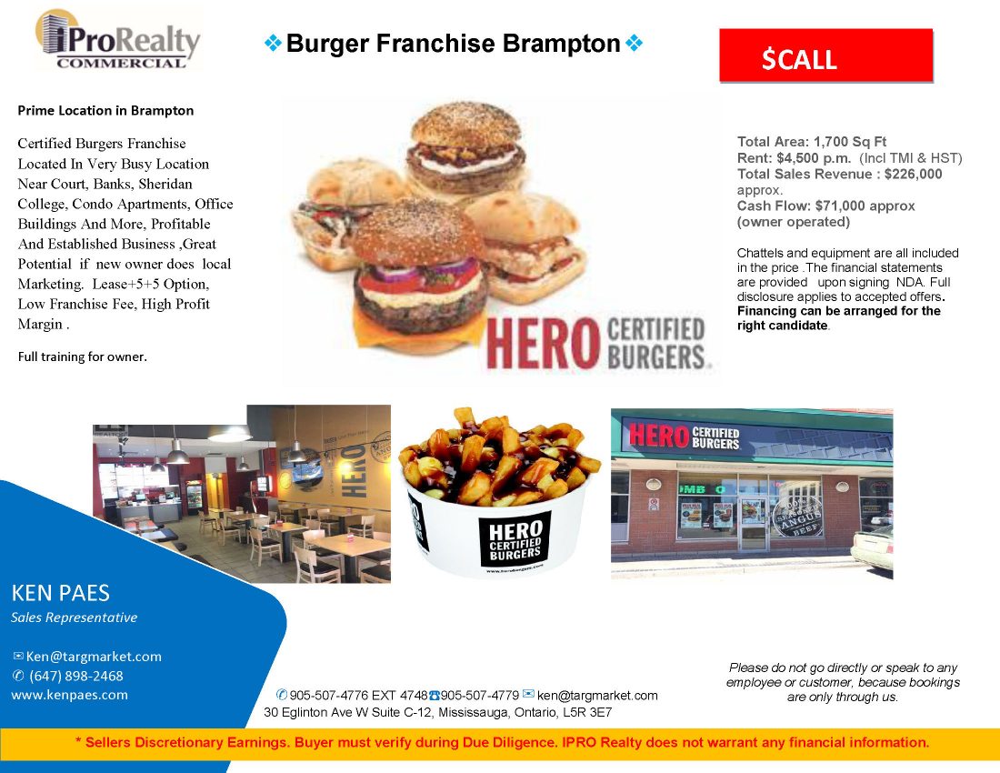 Hero Burger For Sale Brampton(Motivated Sellers) Call for price