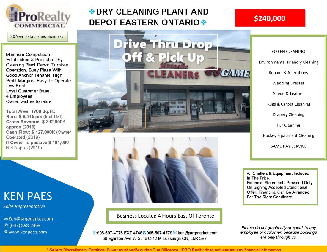 Green Dry Cleaning Plant Depot For Sale Eastern Ontario Ken Paes