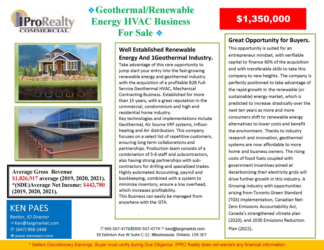 Geothermal/Renewable Energy HVAC Business For Sale Ken Paes Business